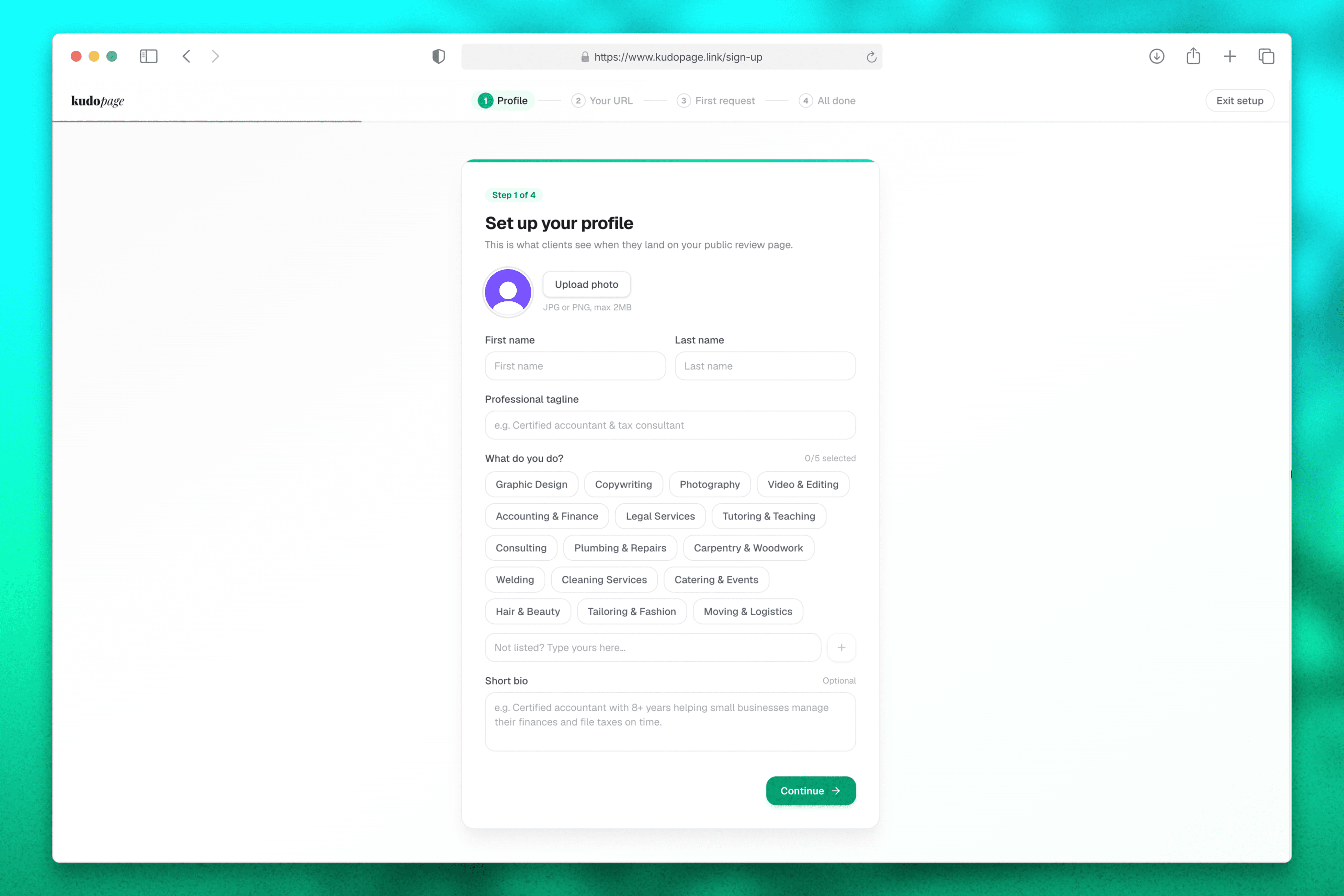 Sign up (account set up page)